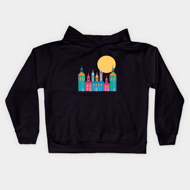 Fantastic City of Towers Under the Moon Kids Hoodie by evisionarts